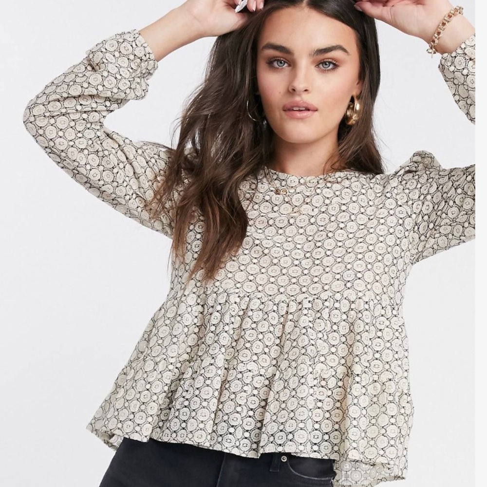 River Island long sleeve puff shoulder lace top